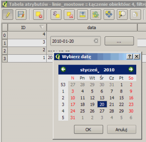 Okno kalendarza dla pola data w QGIS